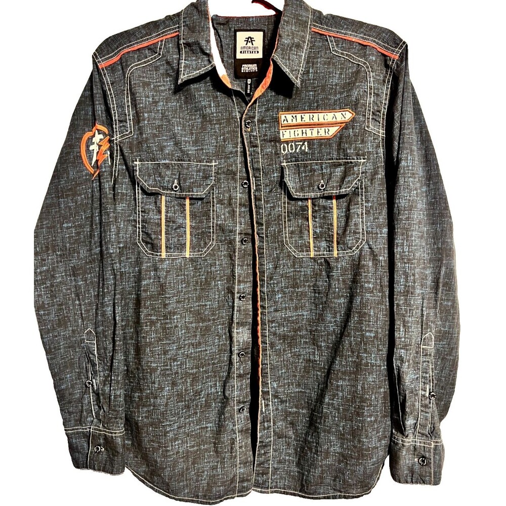 American Fighter Men's Button Down Orange Distressed Gray Long Sleeve Size XL